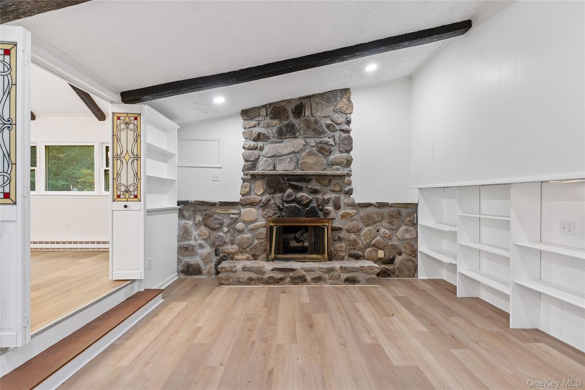 Fireplace, Interior, Recessed Lighting, Wooden Beams, Wood Texture Flooring