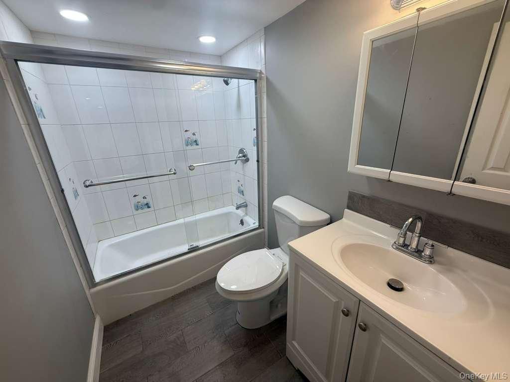 Bathroom, Glass Shower, Interior, Recessed Lighting, Wood Texture Flooring