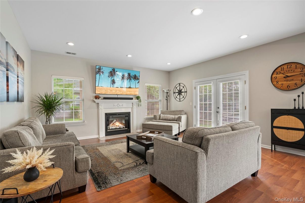 Fireplace, Interior, Living room, Recessed Lighting, Wood Texture Flooring