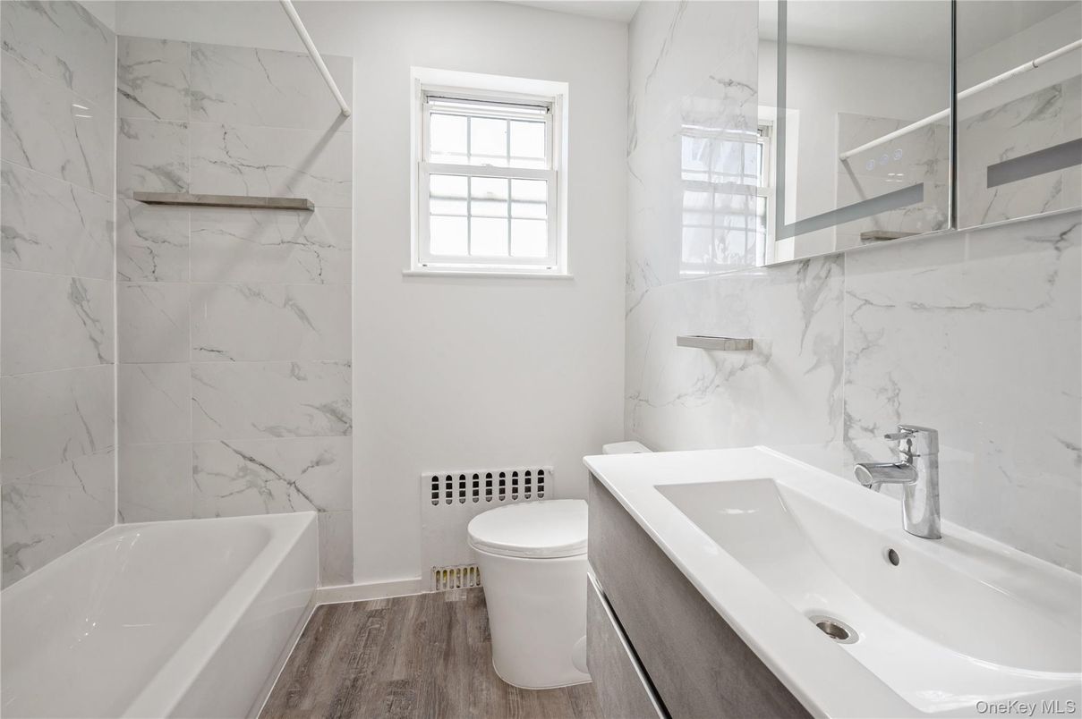 Bathroom, Interior, Marble Walls, Wood Texture Flooring