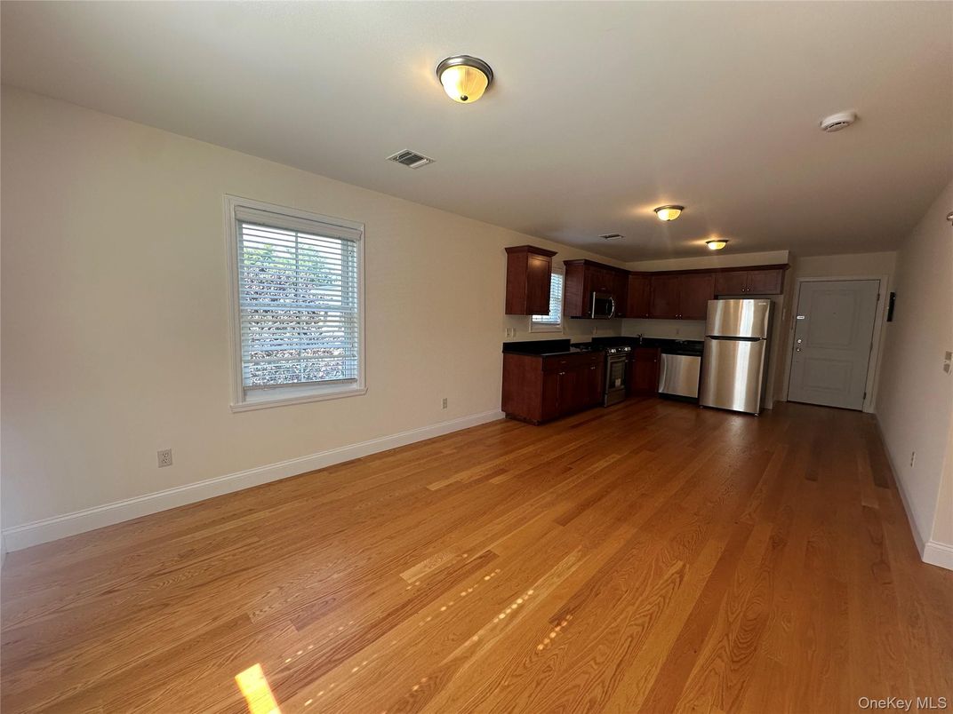 Empty room, Interior, Kitchen, Stainless Steel Appliances, Wood Texture Flooring