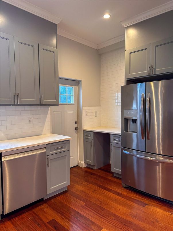 Interior, Kitchen, Recessed Lighting, Stainless Steel Appliances, Wood Texture Flooring