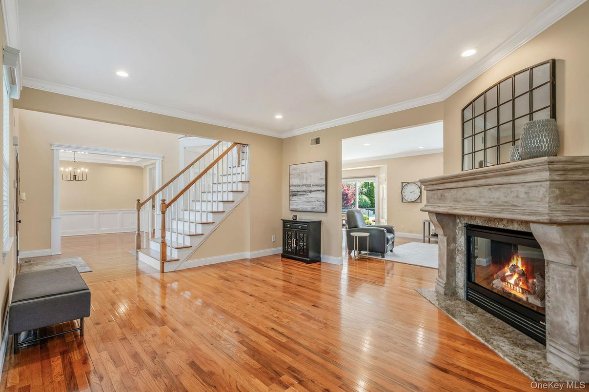 Fireplace, Interior, Recessed Lighting, Wood Texture Flooring