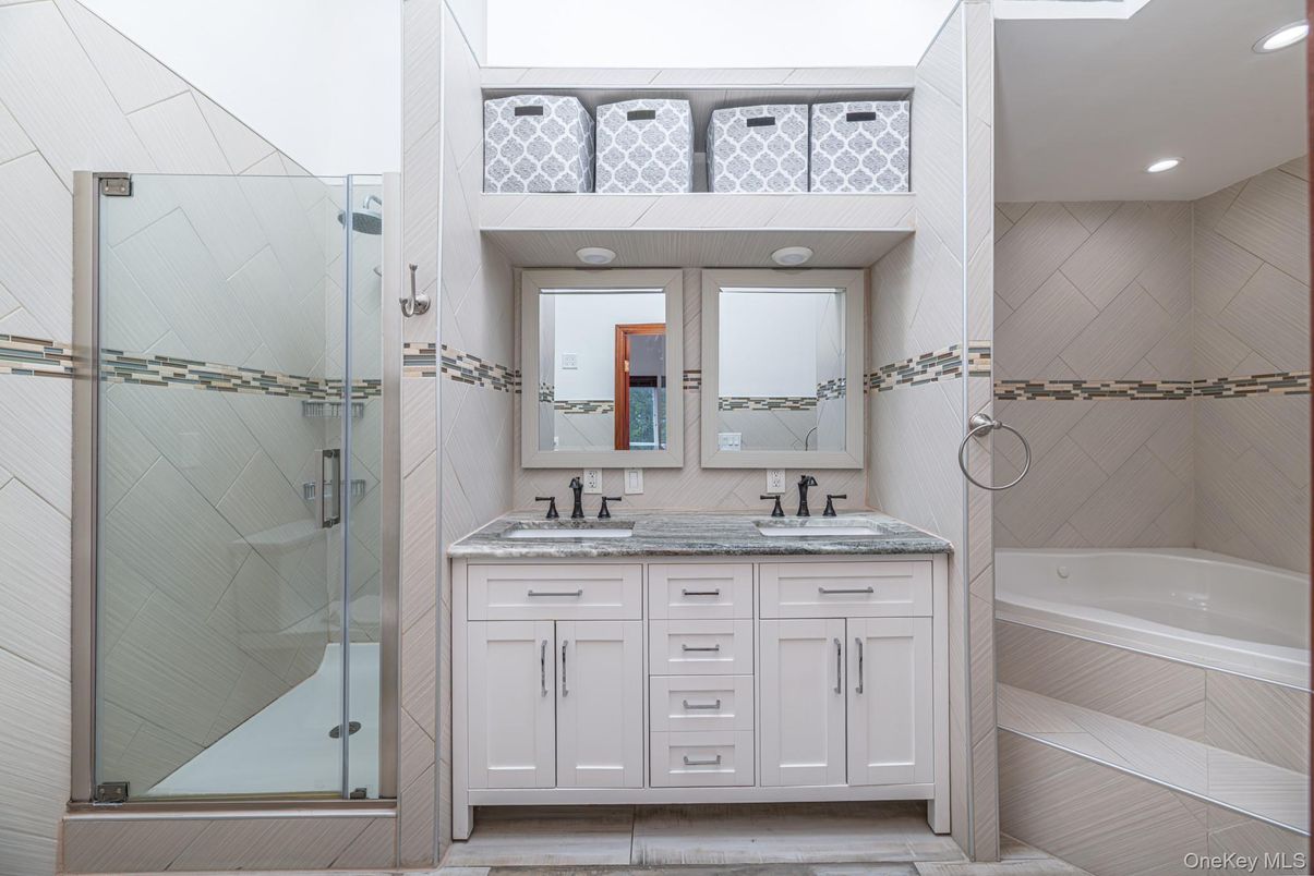Bathroom, Dual Sink Vanities, Glass Shower, Interior, Recessed Lighting