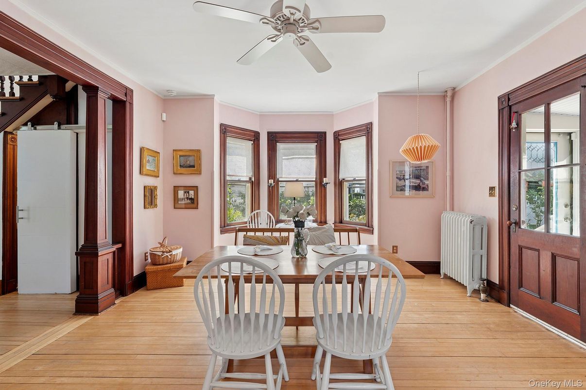 Dining room, Interior, Pendant Lights, Wood Texture Flooring
