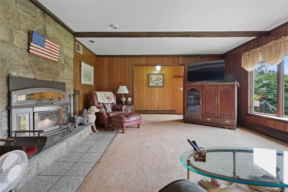 Fireplace, Interior, Recessed Lighting, Stone Walls, Wooden Beams, Wooden Walls