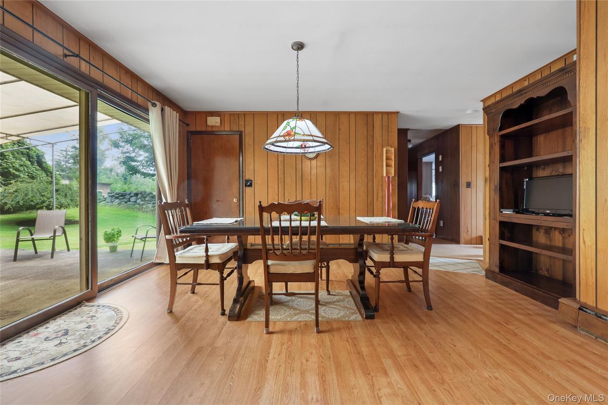 Dining room, Interior, Pendant Lights, Wood Texture Flooring, Wooden Walls