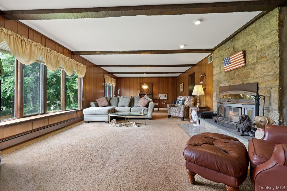 Fireplace, Interior, Living room, Recessed Lighting, Stone Walls, Wooden Beams, Wooden Walls