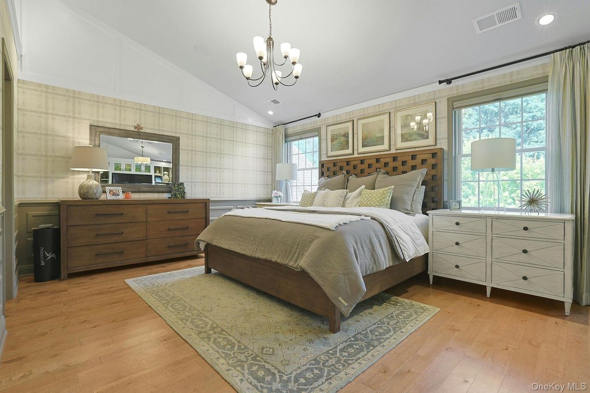 Bedroom, Chandelier, Interior, Recessed Lighting, Wood Texture Flooring