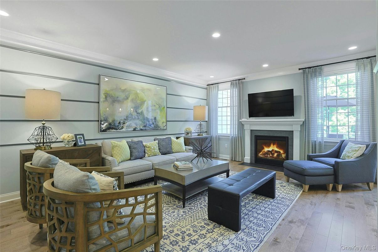 Fireplace, Interior, Living room, Recessed Lighting, Wood Texture Flooring