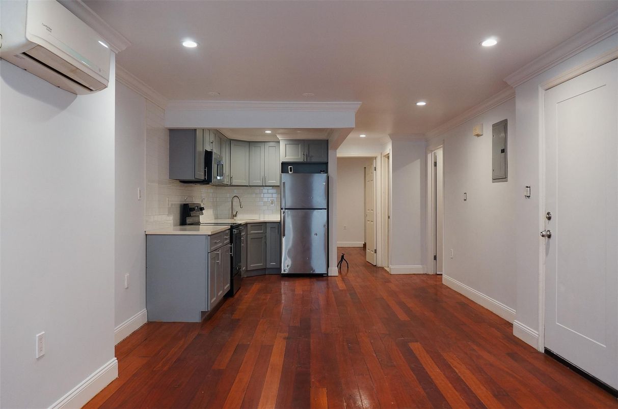 Interior, Kitchen, Recessed Lighting, Stainless Steel Appliances, Wood Texture Flooring