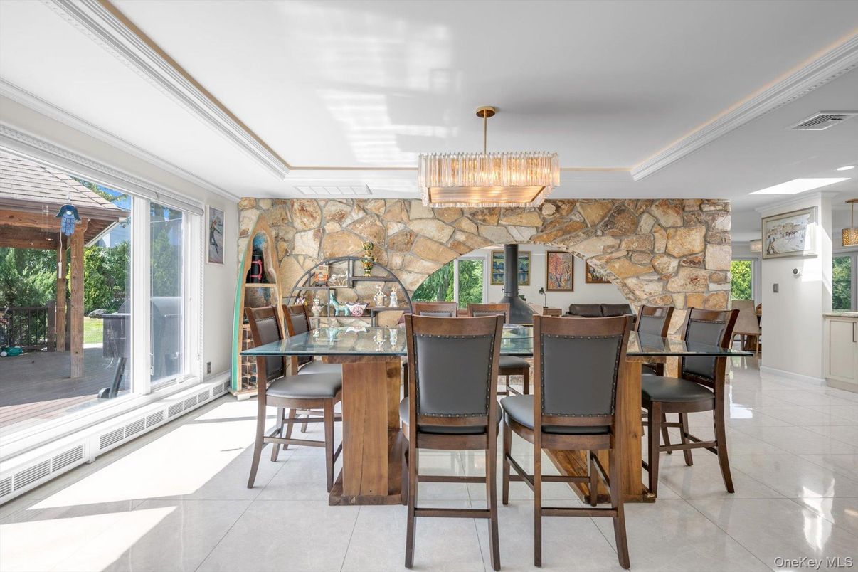 Chandelier, Dining room, Interior, Stone Walls