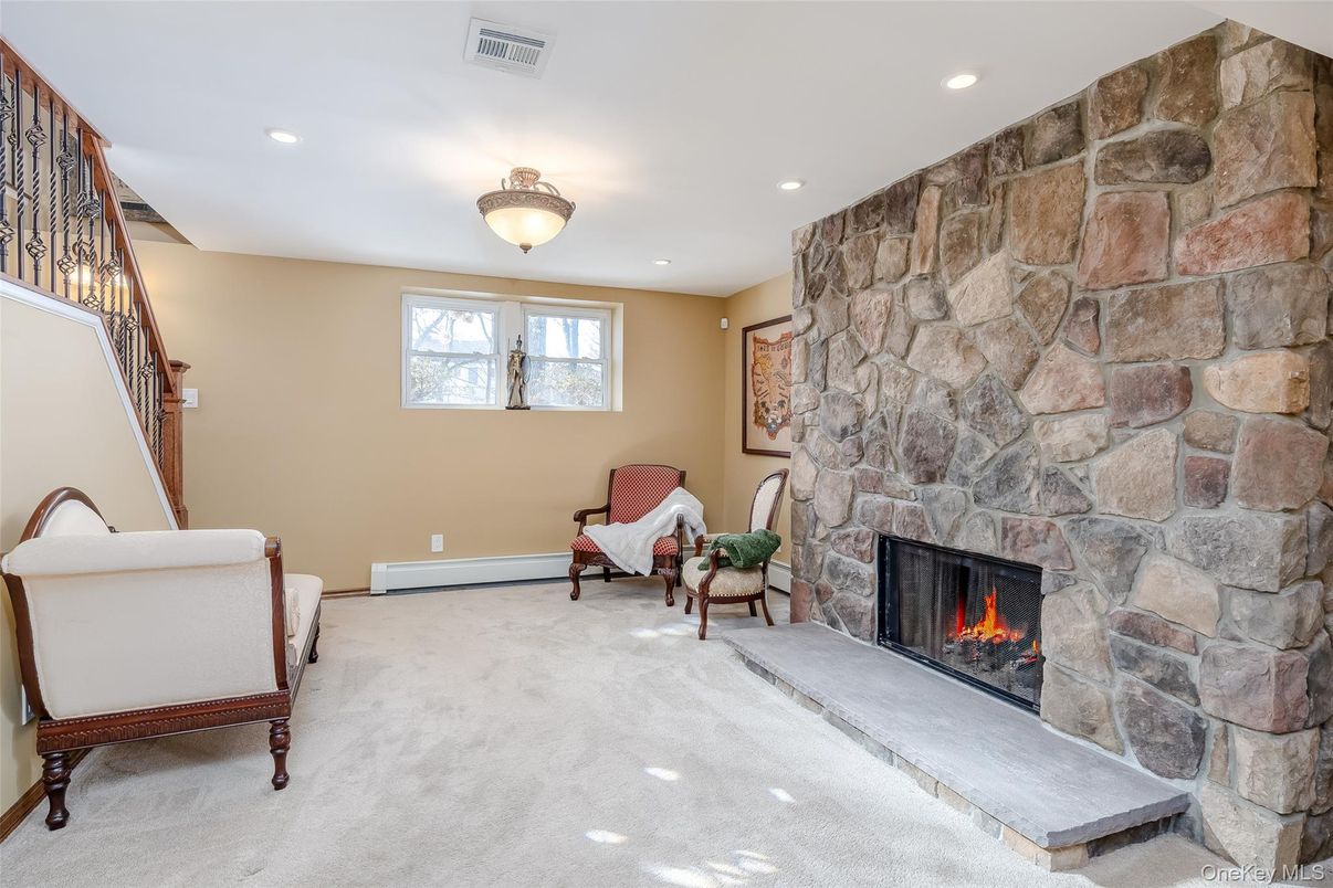 Fireplace, Interior, Recessed Lighting, Stone Walls