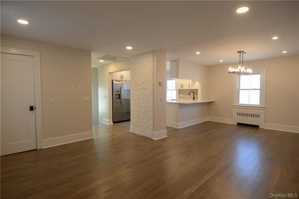 Chandelier, Empty room, Interior, Kitchen, Recessed Lighting, Wood Texture Flooring