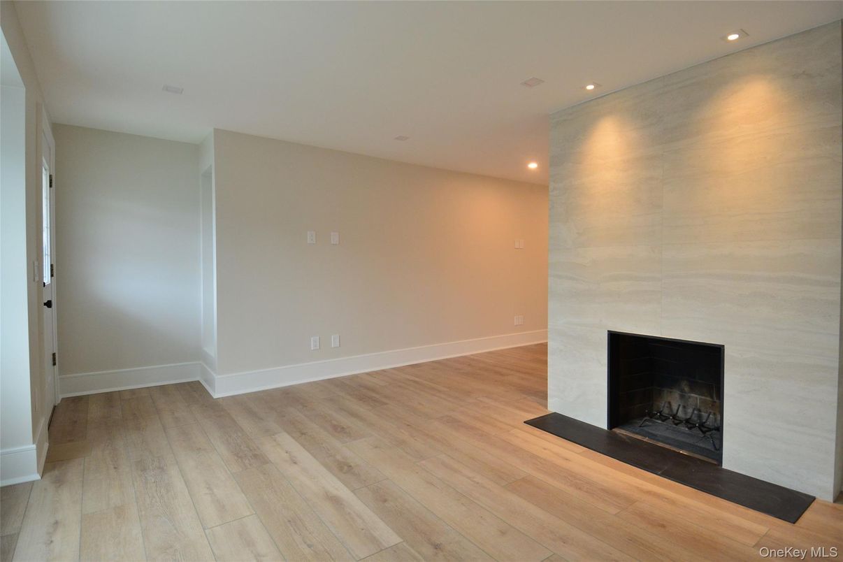 Empty room, Fireplace, Interior, Recessed Lighting, Wood Texture Flooring