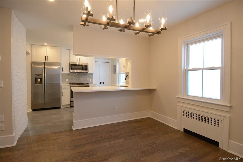 Chandelier, Interior, Kitchen, Stainless Steel Appliances, Wood Texture Flooring