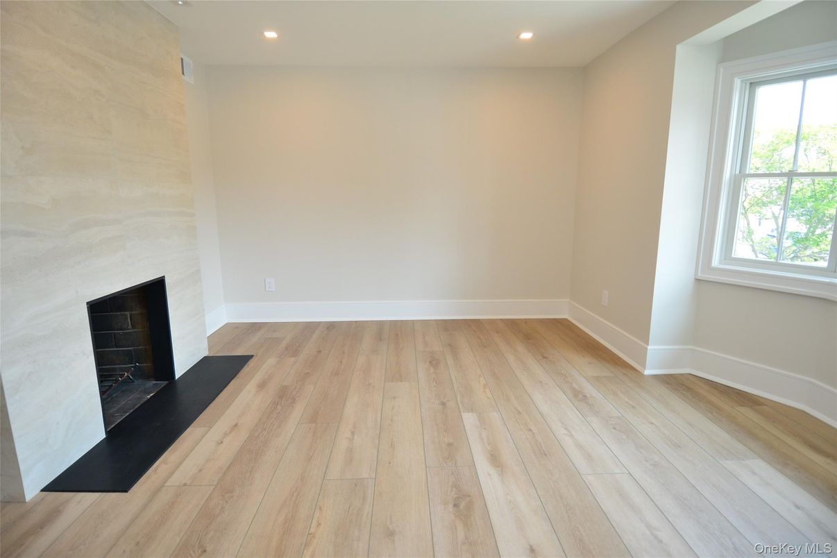 Empty room, Fireplace, Interior, Recessed Lighting, Wood Texture Flooring