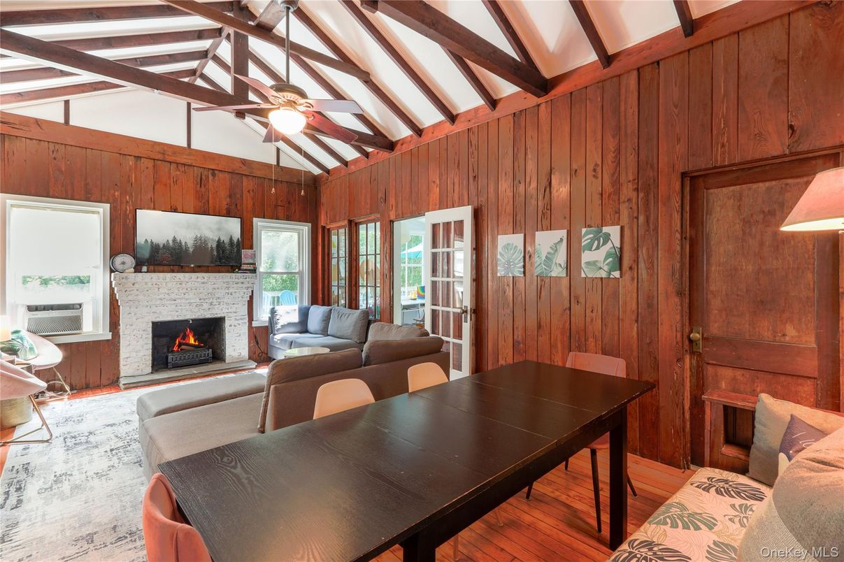 Dining room, Fireplace, Interior, Living room, Wooden Beams, Wood Texture Flooring, Wooden Walls