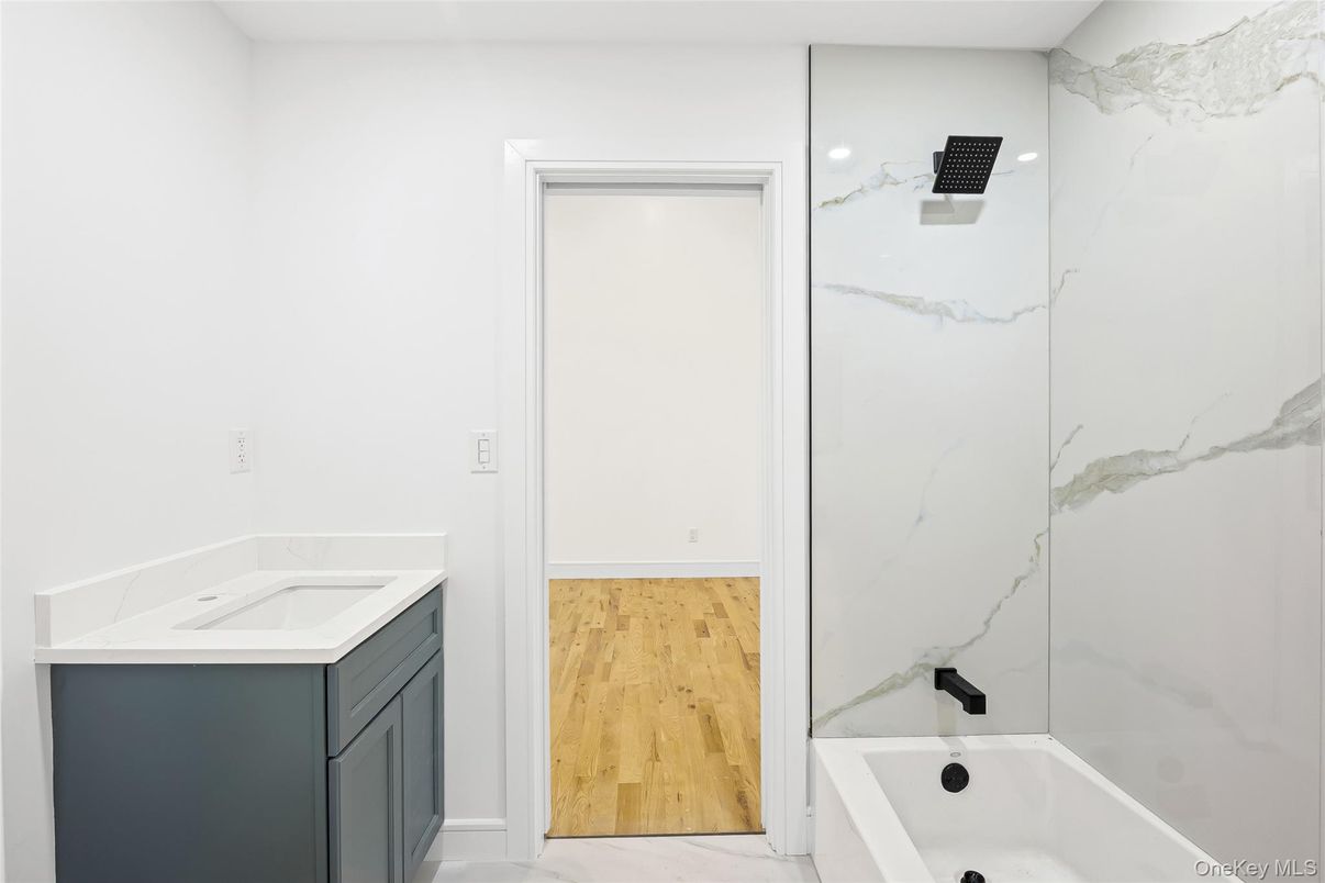 Bathroom, Interior, Marble, Marble Walls, Recessed Lighting, Wood Texture Flooring