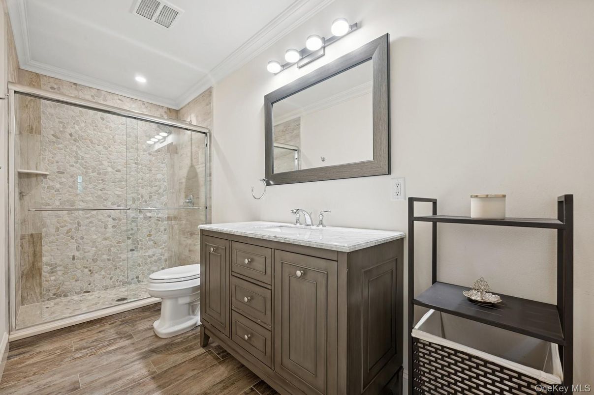 Bathroom, Glass Shower, Interior, Recessed Lighting, Wood Texture Flooring