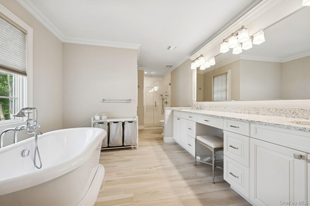 Bathroom, Dual Sink Vanities, Glass Shower, Interior, Wood Texture Flooring
