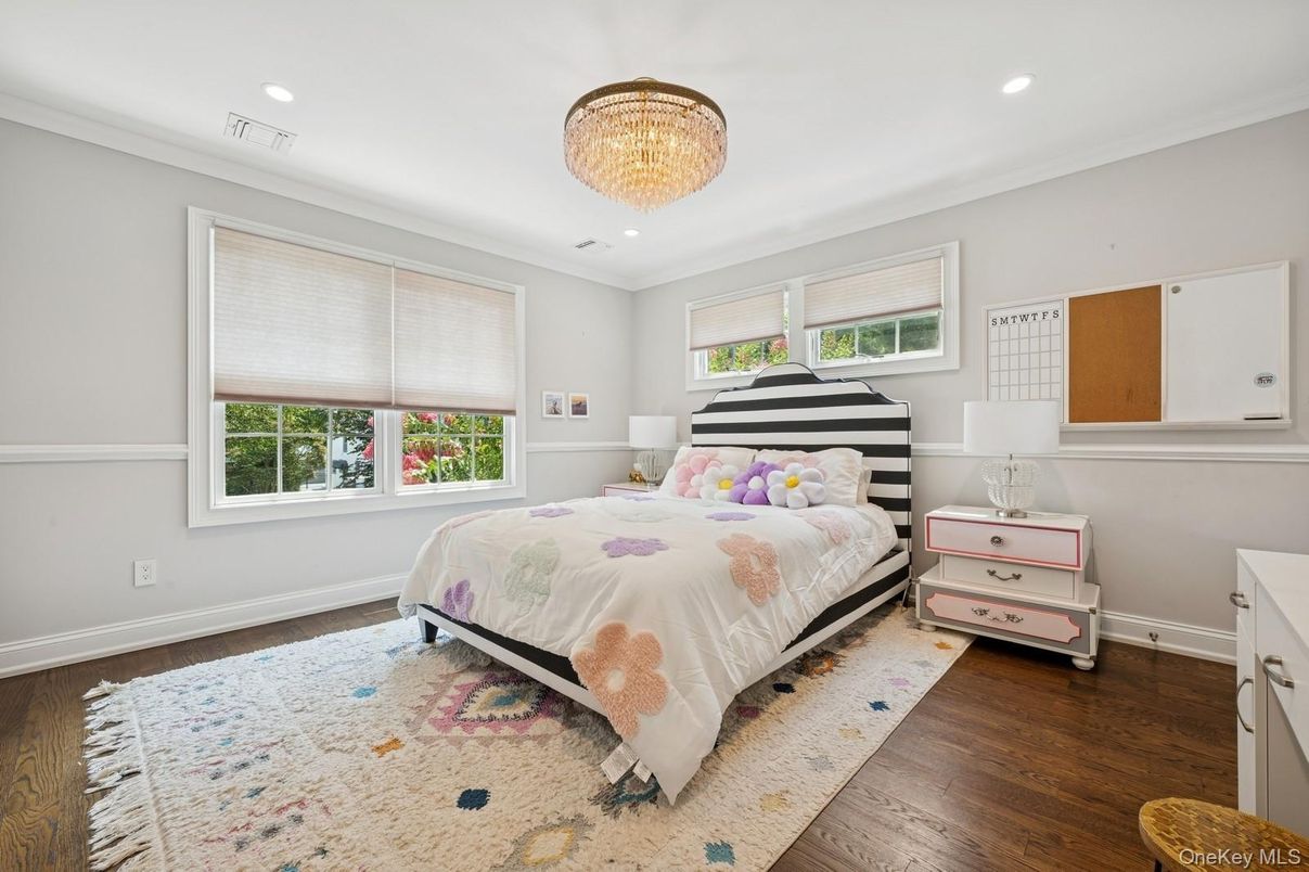 Bedroom, Chandelier, Interior, Recessed Lighting, Wood Texture Flooring