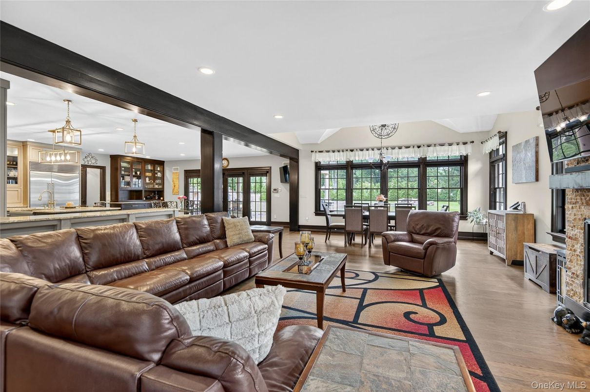 Dining room, Fireplace, Interior, Kitchen, Living room, Pendant Lights, Recessed Lighting, Wood Texture Flooring