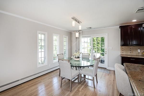 Chandelier, Dining room, Interior, Pendant Lights, Recessed Lighting, Wood Texture Flooring