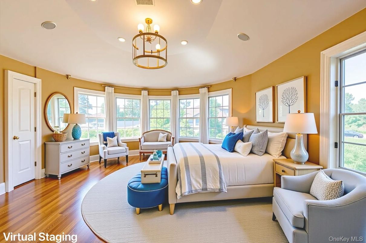 Bedroom, Chandelier, Interior, Recessed Lighting, Wood Texture Flooring