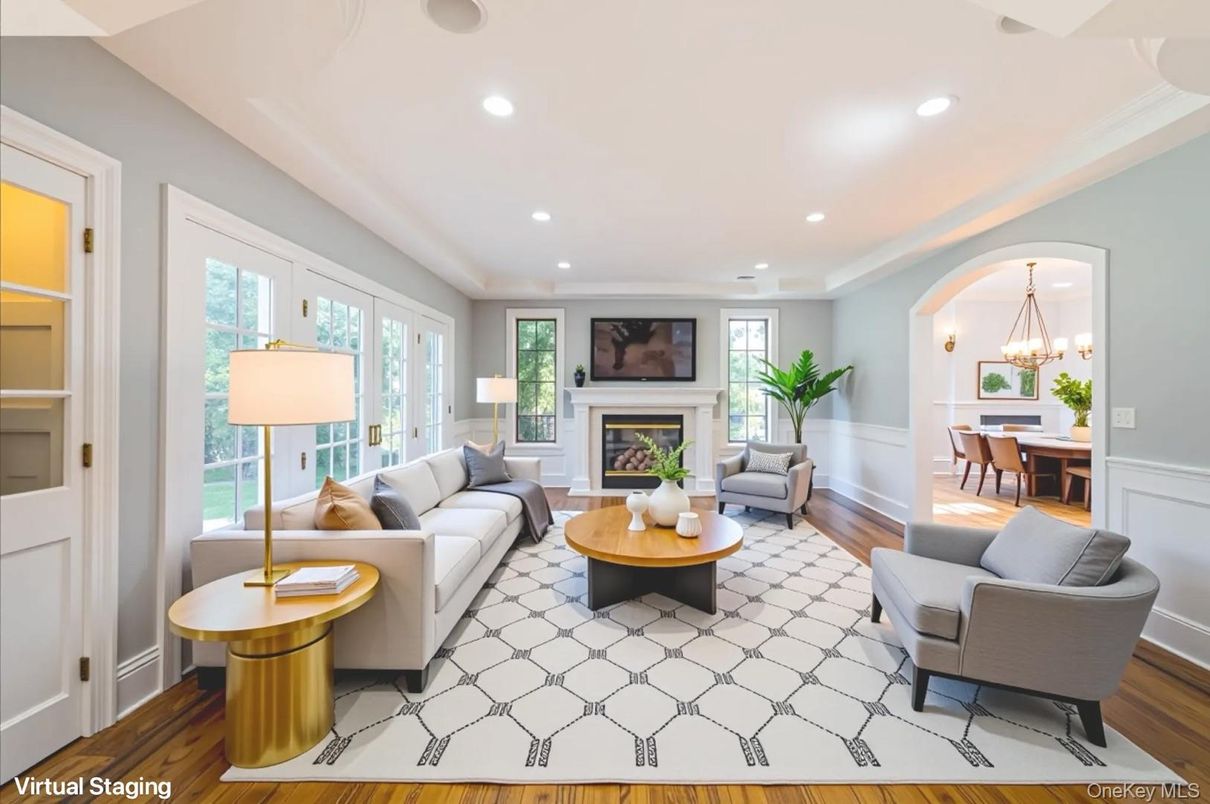 Chandelier, Dining room, Fireplace, Interior, Living room, Recessed Lighting, Wood Texture Flooring