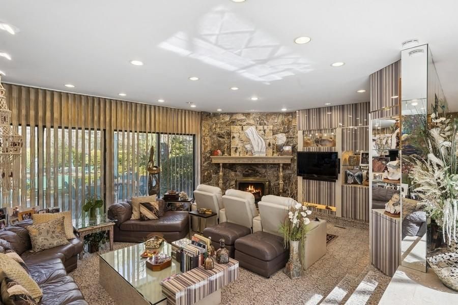 Fireplace, Interior, Living room, Recessed Lighting, Stone Walls