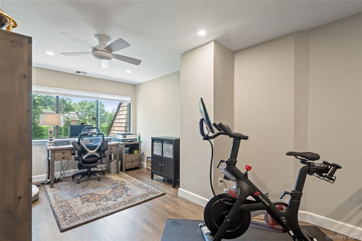 Fitness Equipment, Home Office, Interior, Recessed Lighting, Wood Texture Flooring