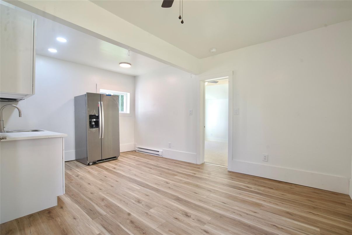Empty room, Interior, Kitchen, Recessed Lighting, Wood Texture Flooring