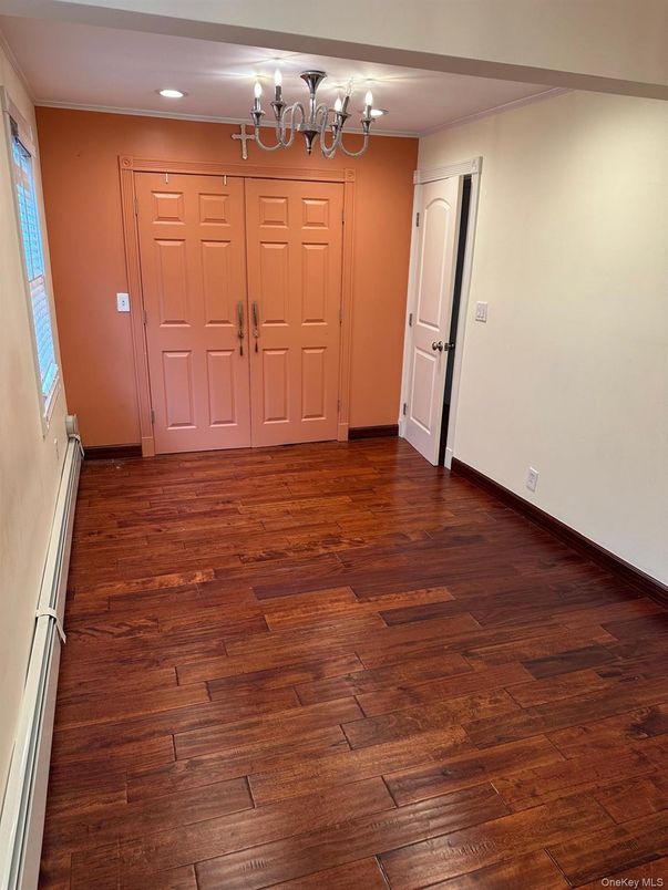 Chandelier, Empty room, Interior, Recessed Lighting, Wood Texture Flooring