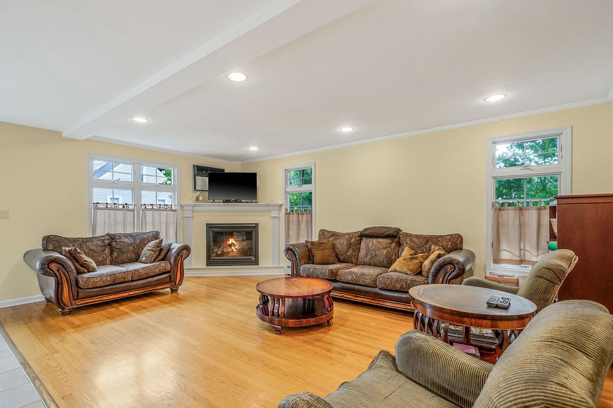 Fireplace, Interior, Living room, Recessed Lighting, Wood Texture Flooring