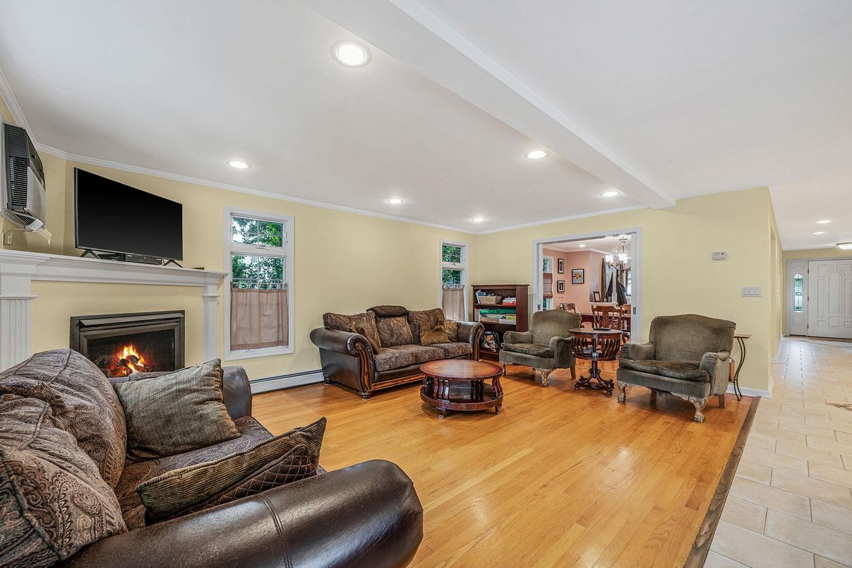 Fireplace, Interior, Living room, Recessed Lighting, Wood Texture Flooring
