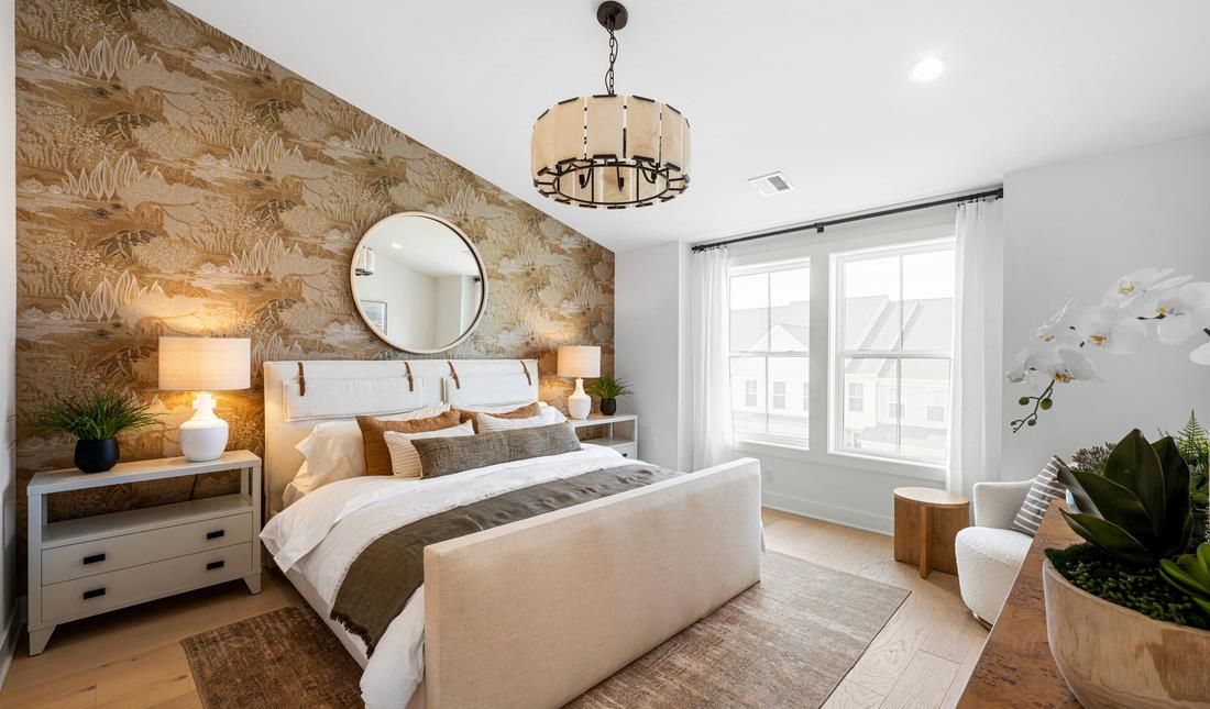 Bedroom, Interior, Pendant Lights, Recessed Lighting, Wood Texture Flooring