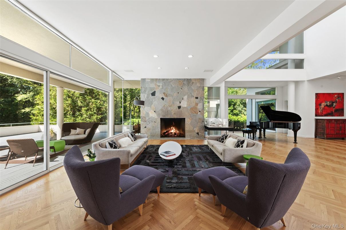 Fireplace, Interior, Living room, Piano, Recessed Lighting, Stone Walls, Wood Texture Flooring