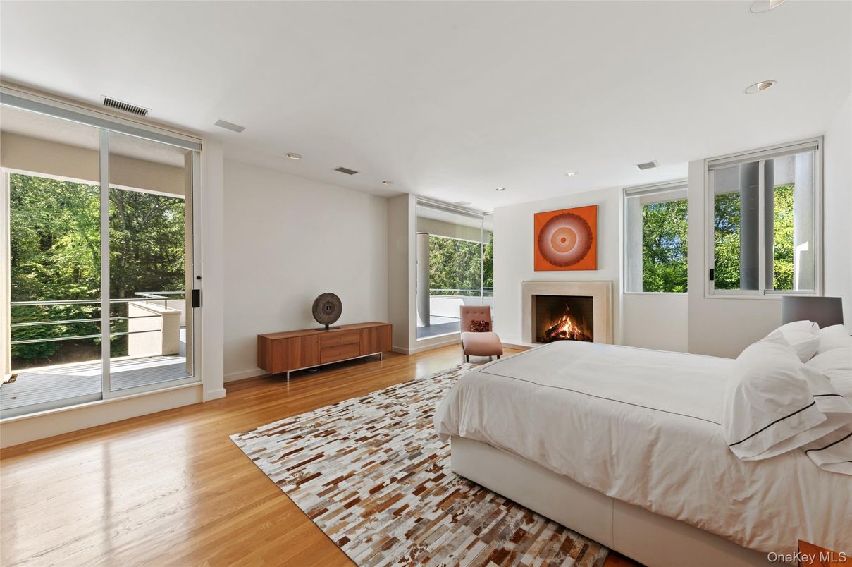 Bedroom, Fireplace, Interior, Recessed Lighting, Wood Texture Flooring