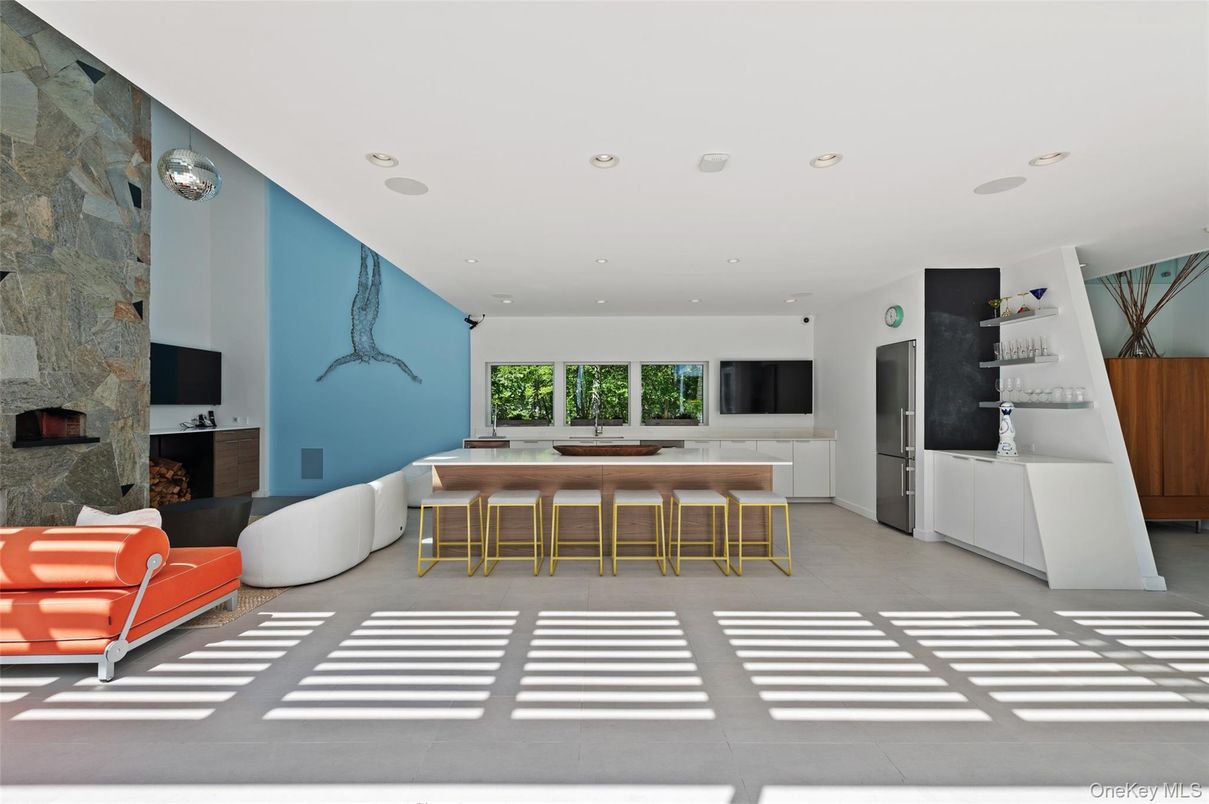 Fireplace, Interior, Living room, Recessed Lighting, Stone Walls