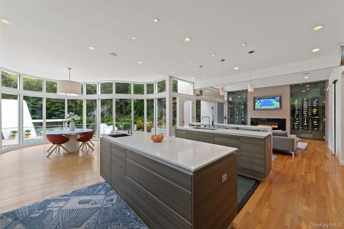 Dining room, Fireplace, Interior, Kitchen, Living room, Pendant Lights, Recessed Lighting, Wood Texture Flooring