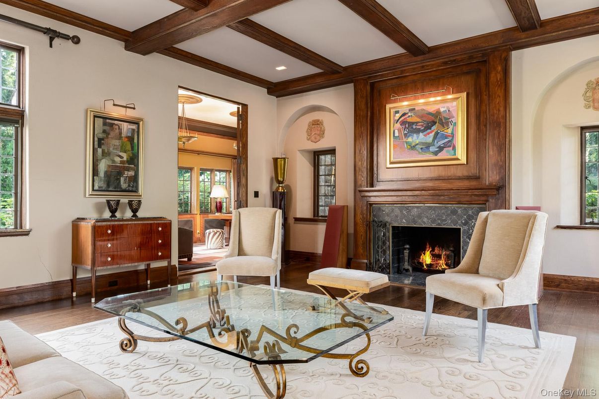 Fireplace, Interior, Living room, Recessed Lighting, Wooden Beams, Wood Texture Flooring