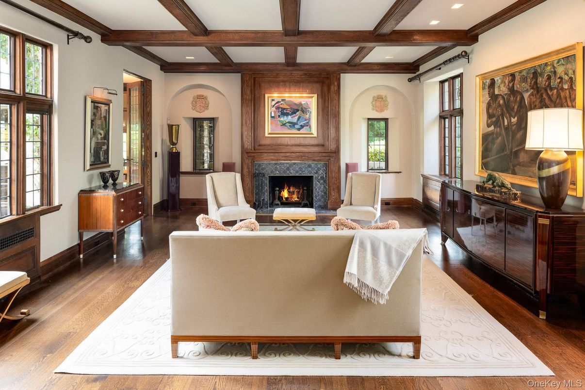 Fireplace, Interior, Living room, Recessed Lighting, Wooden Beams, Wood Texture Flooring