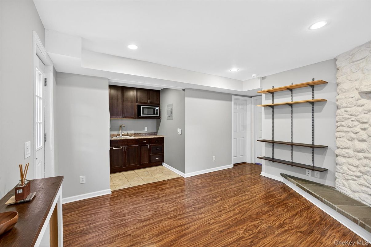 Interior, Kitchen, Recessed Lighting, Stone Walls, Wood Texture Flooring