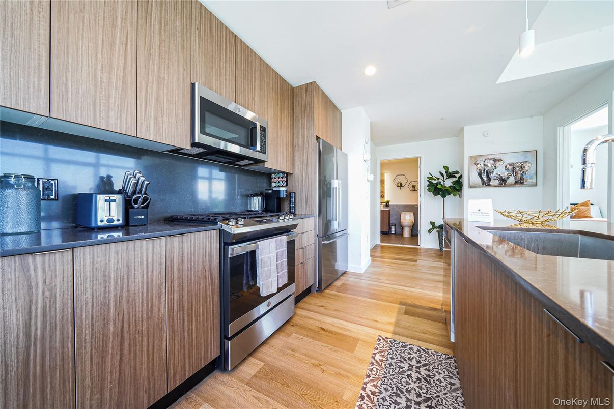 Interior, Kitchen, Recessed Lighting, Stainless Steel Appliances, Wood Texture Flooring