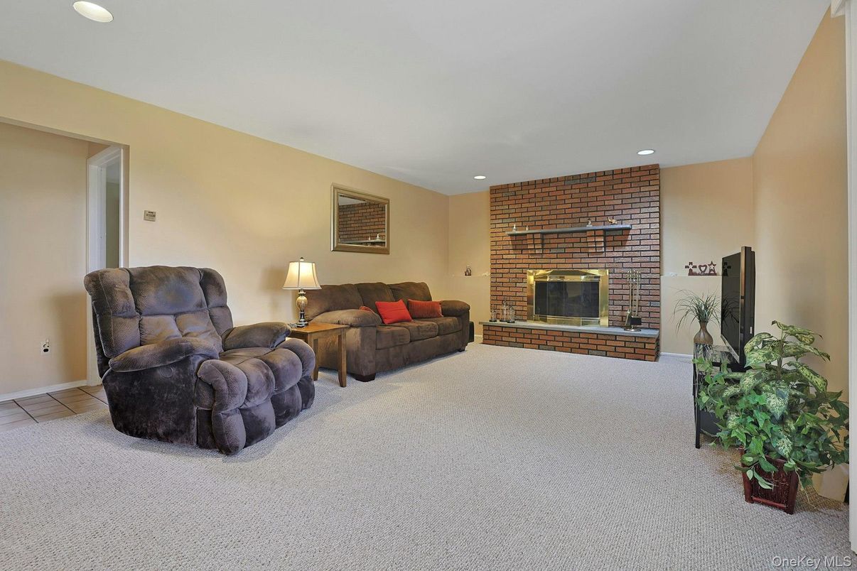 Fireplace, Interior, Living room, Recessed Lighting, Stone Walls