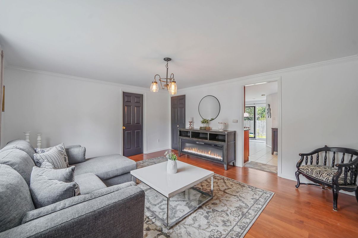 Fireplace, Interior, Living room, Pendant Lights, Wood Texture Flooring