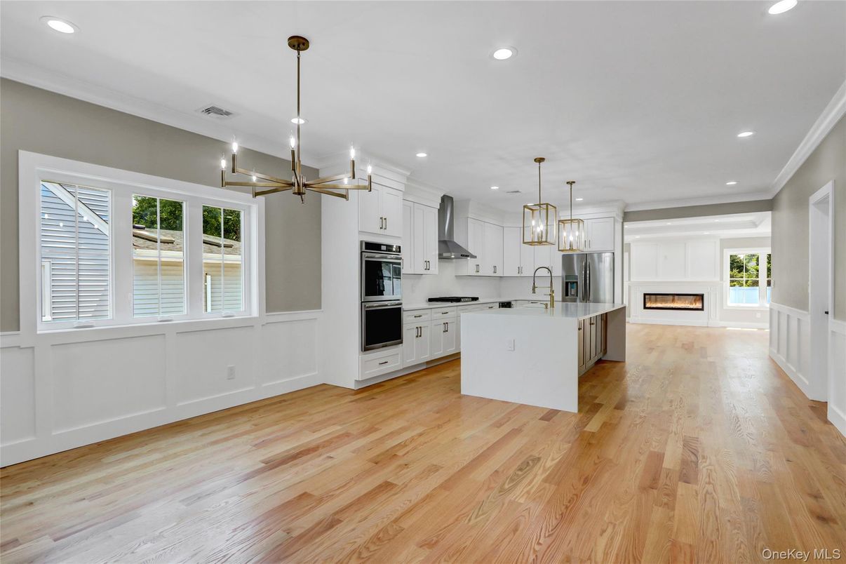 Chandelier, Interior, Kitchen, Pendant Lights, Recessed Lighting, Stainless Steel Appliances, Wood Texture Flooring