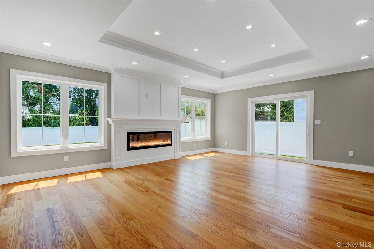 Empty room, Fireplace, Interior, Recessed Lighting, Wood Texture Flooring
