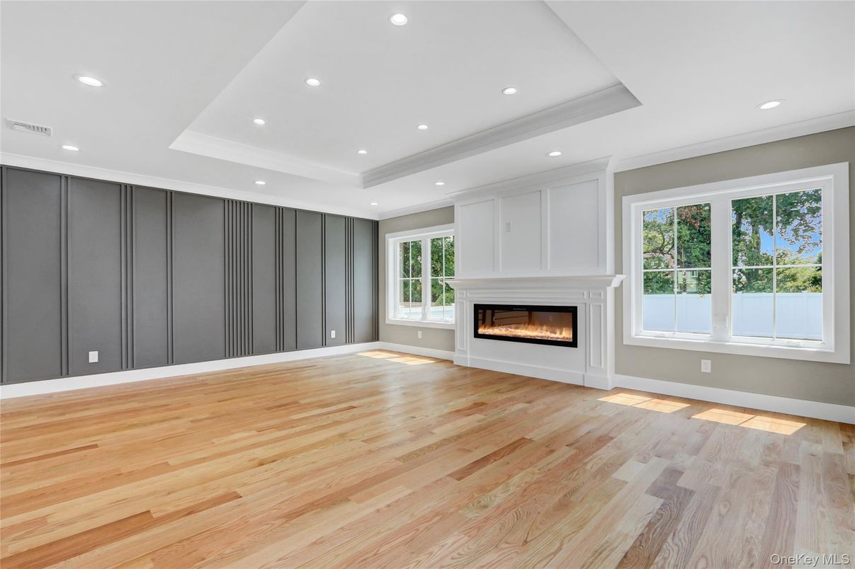 Empty room, Fireplace, Interior, Recessed Lighting, Wood Texture Flooring